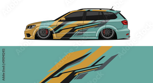 Illustrated racing car with bold teal and yellow stripes, dynamic profile and colorblock design.