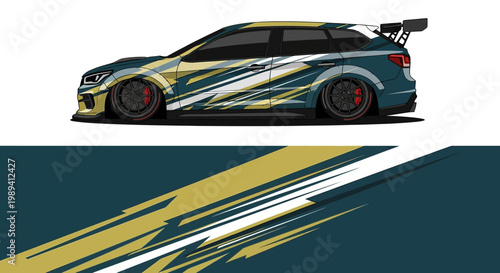 Sleek blue and gold racecar with dynamic graphics and aerodynamic accents.