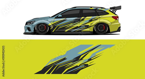 Dynamic Neon Striped Race Car Design in Yellow and Blue.