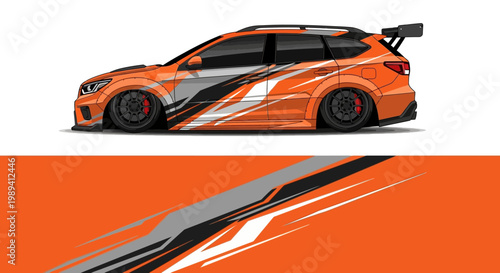 Orange race car with bold white and gray stripes in side profile view.