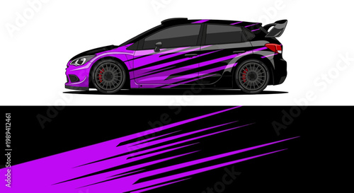 Sleek purple sports car with bold black stripes and aerodynamic design, showcased on a dynamic street scene.