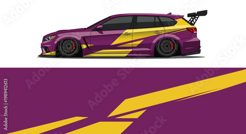 Vibrant Purple and Yellow Race Car with Bold Graphic Livery and Stripes.