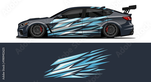 Side profile of a sleek sports car featuring blue lightning graphics and racing livery.