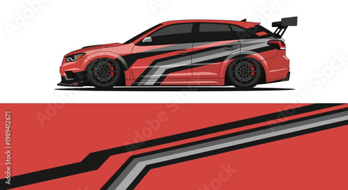 High speed red sports car with bold black and silver racing stripes and aerodynamic design.