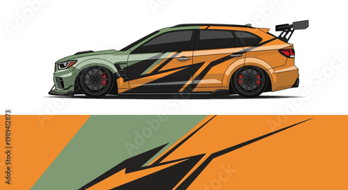 Stylized orange racing car with bold graphics and diagonal stripes.