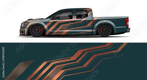 Side Profile of a Custom Orange and Blue Street Truck with Striped Graphic Design.