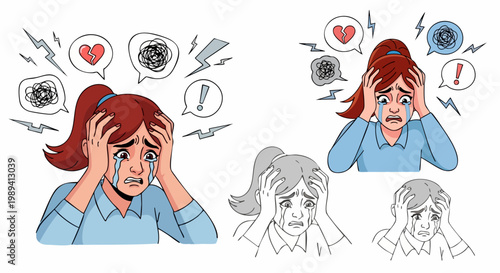 Stressed woman crying with mental health symptoms, anxious female character with panic attack and headache, emotional burnout and depression vector set