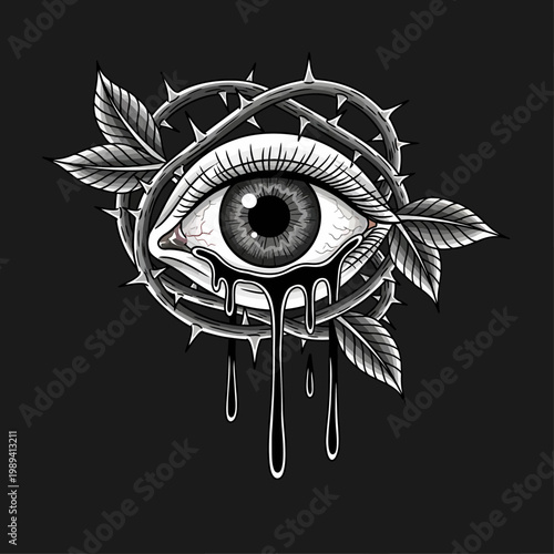 An eye weeps tears surrounded by thorny vines and leaves