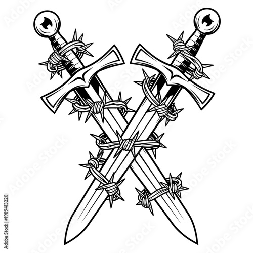 Two crossed swords wrapped with barbed wire and thorns