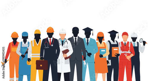 Diverse group of professionals standing together in a flat vector illustration