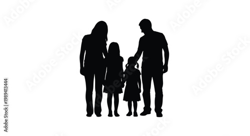 Silhouettes of a family of four standing closely together against a white background