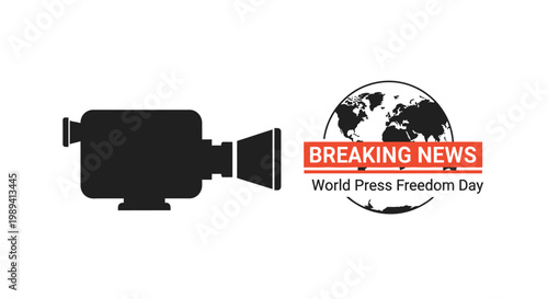 Breaking news graphic featuring a camera and a world globe illustration