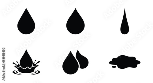 Minimalist water drop icons set, black liquid droplet silhouettes, 6 vector elements for plumbing and hygiene branding, splash and puddle symbols