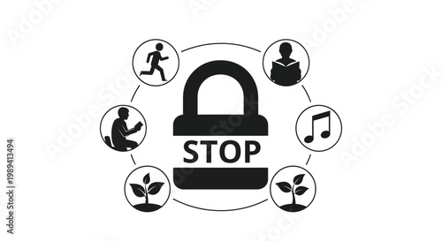 Stop sign with icons representing life s activities in a circular pattern