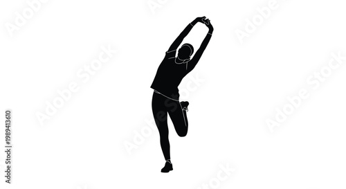 Silhouette of a person stretching with one leg raised and arm extended