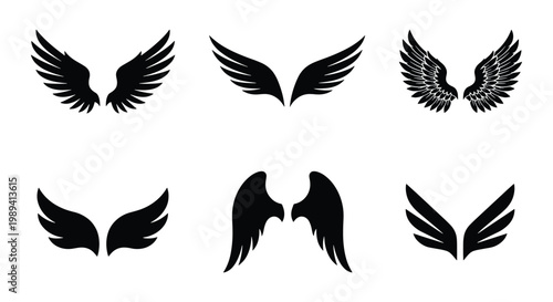 Black wing silhouettes set, 6 pairs of decorative bird and angel wings, heraldic wing icons for logo design and tattoo art, vector feather elements