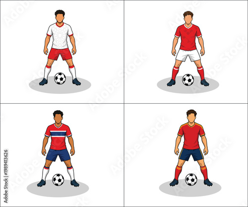 Four soccer players in different uniforms