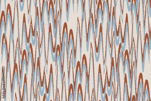 Seamless Boho Ikat Zigzag Pattern, Retro Flame Stitch Design in Terracotta and Dusty Blue, Mid-Century Modern Wavy Textile Print, Abstract Rippled Background for Wallpaper and Fabric