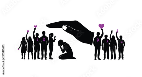 A protective hand shelters silhouettes holding hearts and domestic violence awareness ribbons