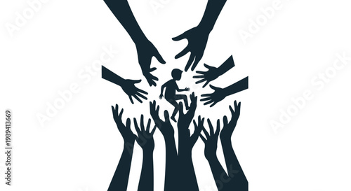 A silhouette of a child reaching upwards surrounded by many grasping hands