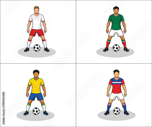Four soccer players in different colored uniforms
