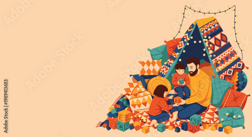 Father and children playing with wooden blocks inside cozy indoor pillow fort with warm fairy lights.