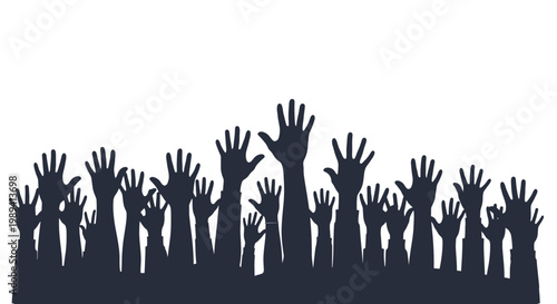 A multitude of raised hands silhouetted against a white background