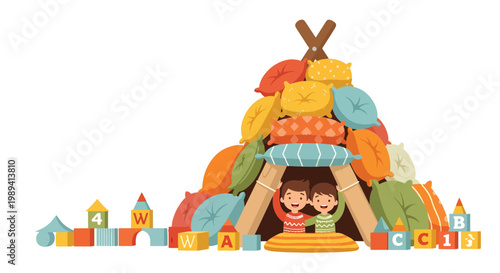 Two kids building pillow fort, children playing together with building blocks at home.