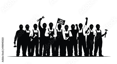 A group of workers raising fists and tools in solidarity