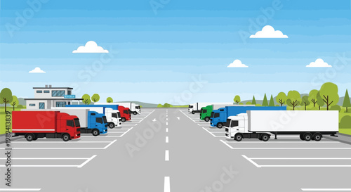 A row of semi trucks parked along a road with buildings and trees