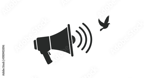 A black silhouette of a megaphone broadcasting to a flying bird