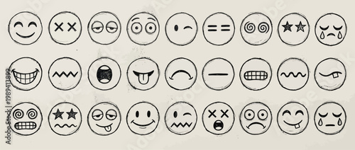 Face emoji button set. Clean flat line art style happy, angry, sad mood face emoticon. Modern cartoon characters smile, think, cry emoji. Cute circle emotion element. Vector illustration.