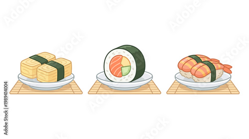 Sushi rolls on white plates.