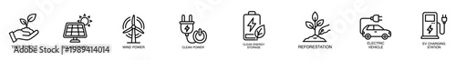 Sustainability renewable energy solar power wind power clean power energy storage reforestation electric vehicle outline icon set for eco technology, green transport, charging station, tree sprout
