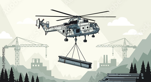 Helicopter lifts steel beam at construction site with cranes and factory