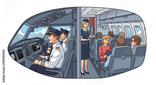 Airplane Cockpit and Cabin Crew Serving Passengers