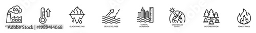 Climate change carbon dioxide emission temperature glacier melting sea level inundation greenhouse effect icons deforestation and forest fire symbols for environmental infographic banner