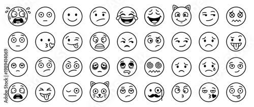Face emoji icon set. Clean line art style happy, angry, sad mood face emoticon background. Funny cartoon characters smile, wink, kiss emoji. Cute circle emotion element. Vector illustration.