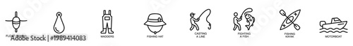 Fishing icon set fishing gear float sinker wader fishing hat kayak motorboat casting line fighting fish in black outline style for outdoor sport infographic
