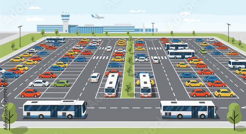 A bustling airport parking lot filled with colorful cars and buses