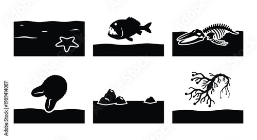 Deep sea ocean floor icons set, black and white marine life silhouettes, underwater environment vector elements for science and nature infographics