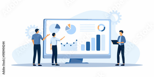 Team analyzing data and charts on a large computer screen