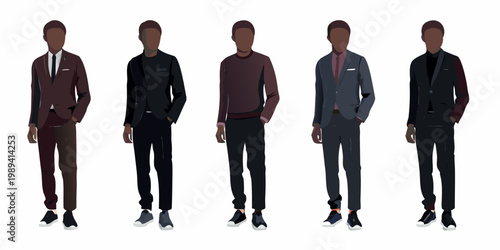 Five men illustrated in various formal and smart casual outfits