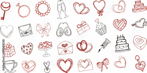 Collection of hand drawn romantic symbols including hearts gifts and cakes