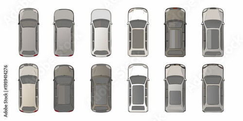 Overhead view of twelve generic suv or crossover vehicles arranged in rows