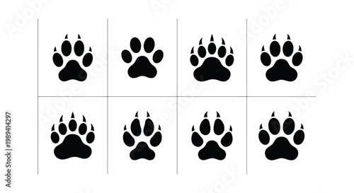 Animal paw print vector set, black bear and predator footprints with claws, 8 wildlife track icons for hunting and nature design
