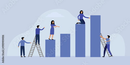 People climbing bar graph representing growth success and business teamwork