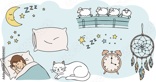 Hand drawn sleep icons set, bedtime doodle collection with sleeping girl and cat, night sky elements with moon and stars, dreamcatcher and alarm clock vector