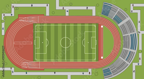 Aerial View of Athletic Stadium with Running Track and Soccer Field
