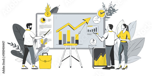 Team discussing financial growth strategy with charts and data analysis